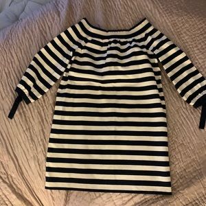 J.Crew cream and navy off the shoulder striped dress.